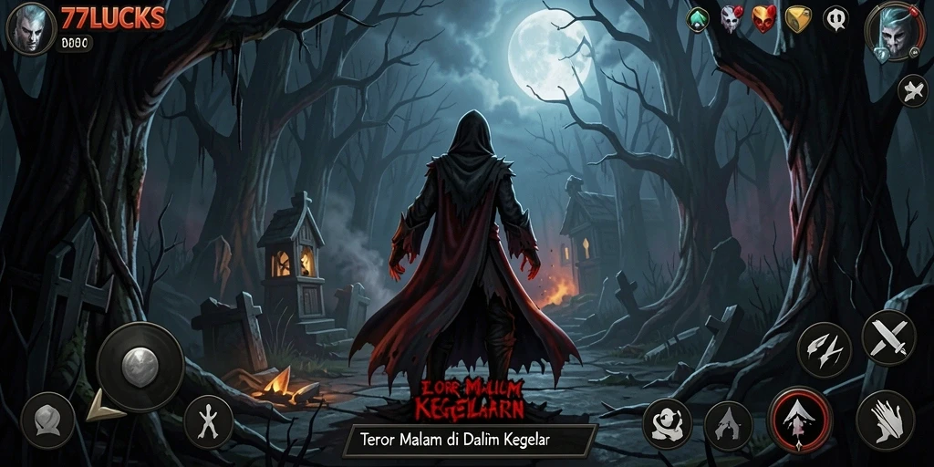 Screenshot gameplay <strong>77LUCKS</strong> menampilkan suasana mencekam di dalam kegelapan.