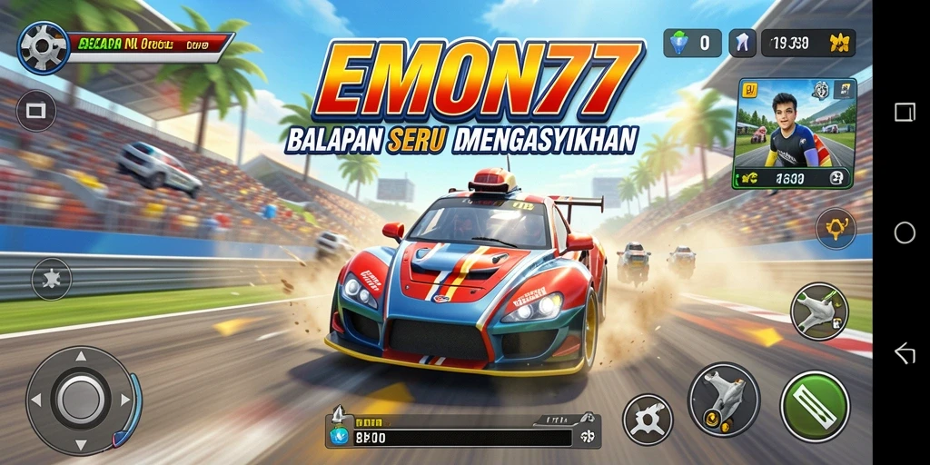 Tangkapan layar gameplay seru EMON77 saat balapan di trek yang menantang.