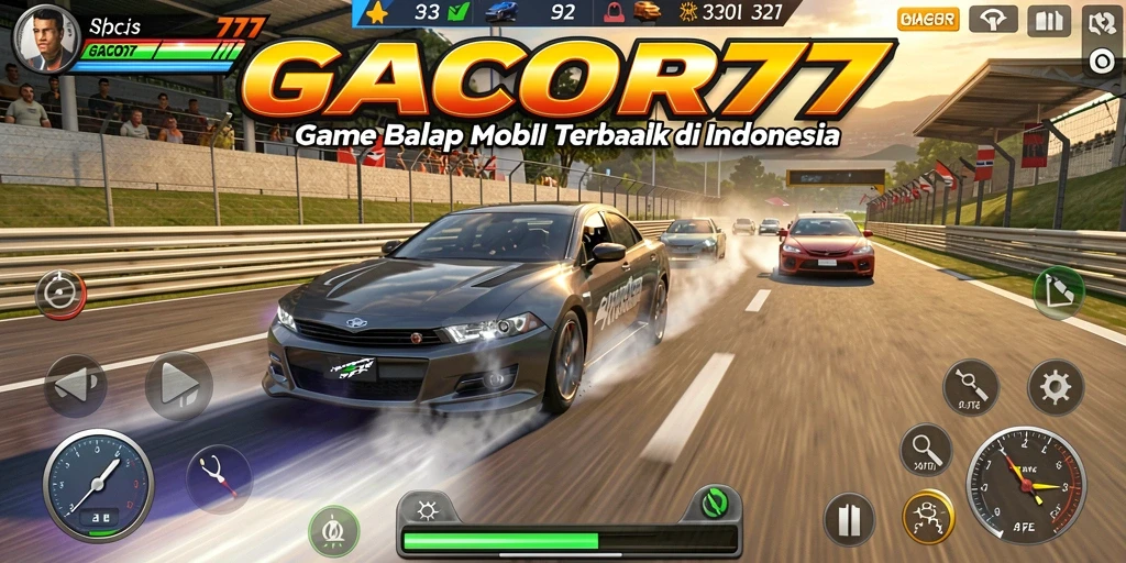 Gameplay GACOR77 menampilkan balapan mobil yang seru dan menegangkan.