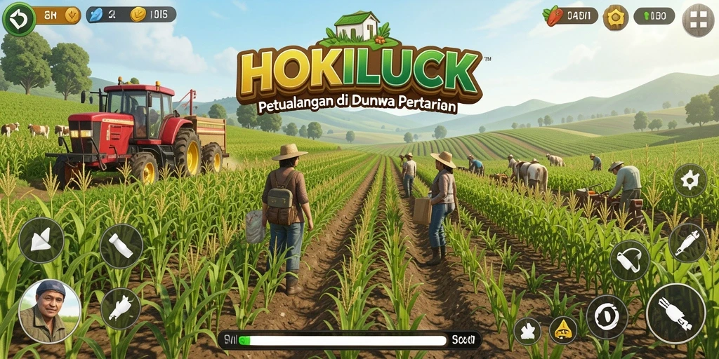 Gameplay HOKILUCK menampilkan petani yang menanam dan merawat hasil pertanian.