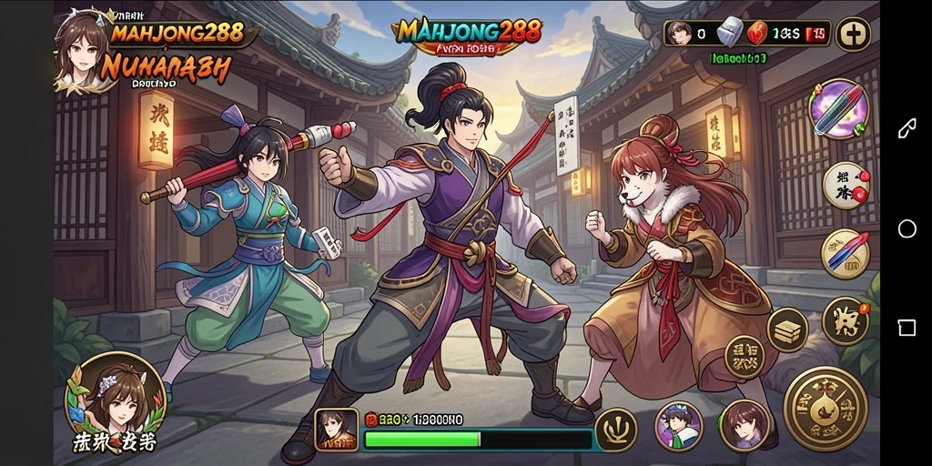 Screenshot gameplay MAHJONG288 dengan karakter anime yang dinamis.