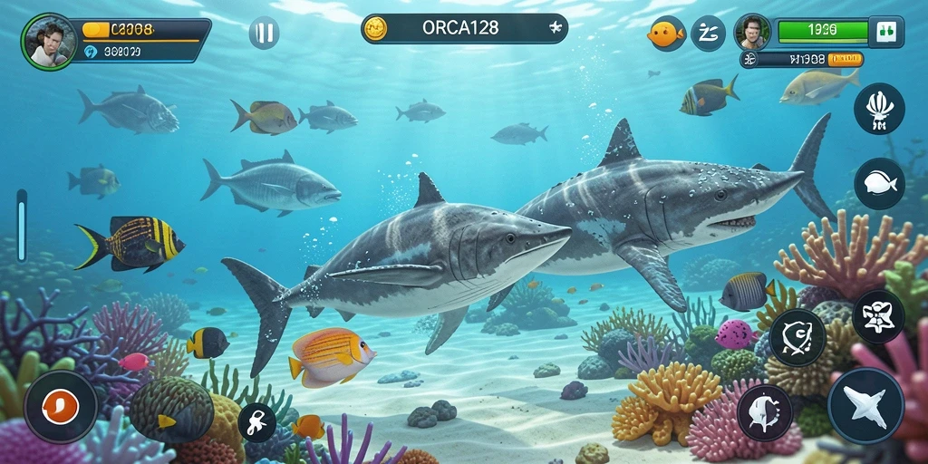 Tampilan gameplay ORCA128 yang menampilkan keindahan kehidupan bawah laut.