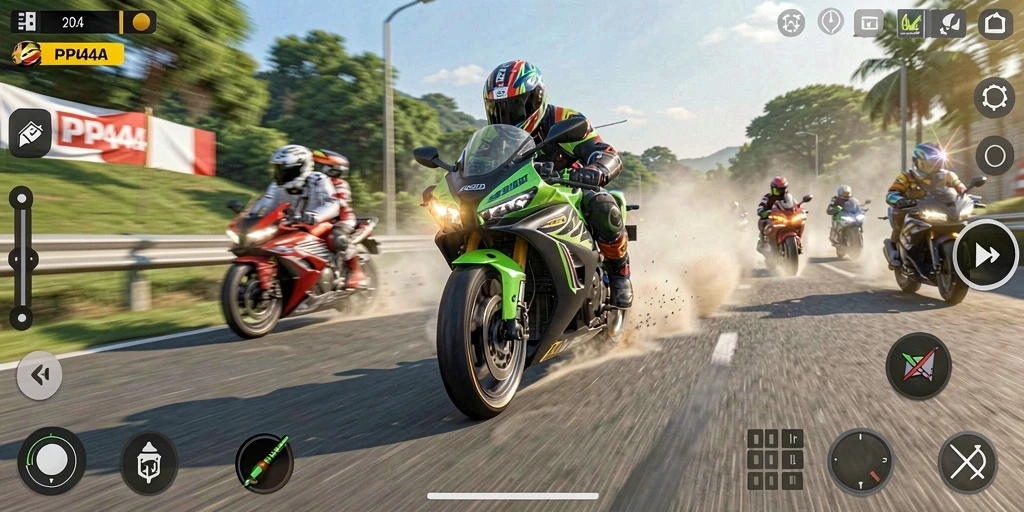 Screenshot gameplay menunjukkan balapan sepeda motor yang mendebarkan.