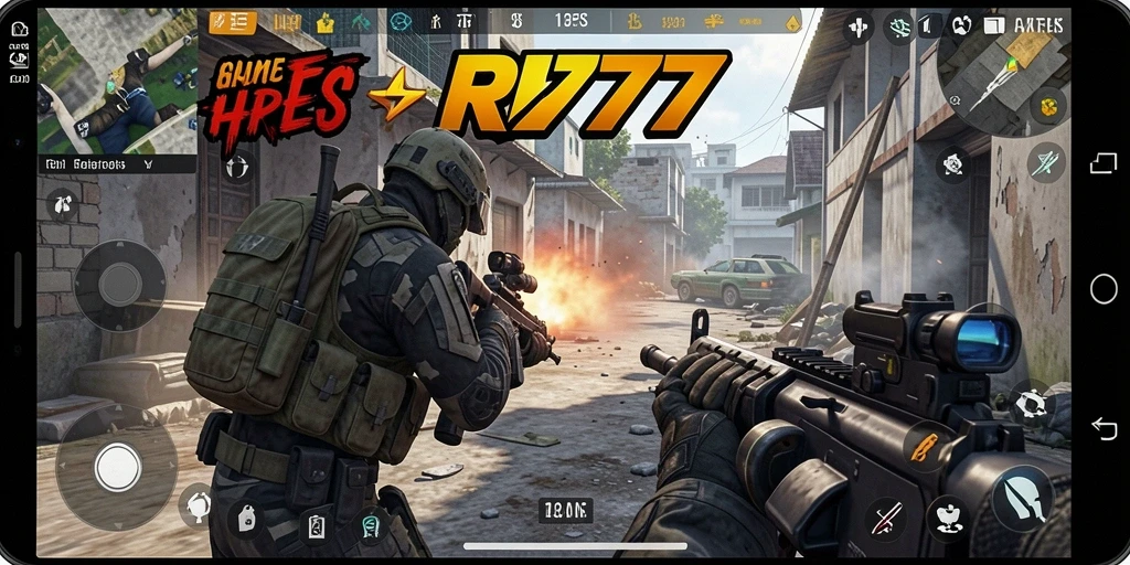 Screenshot utama RR777 menampilkan aksi tembak-menembak yang mendebarkan.