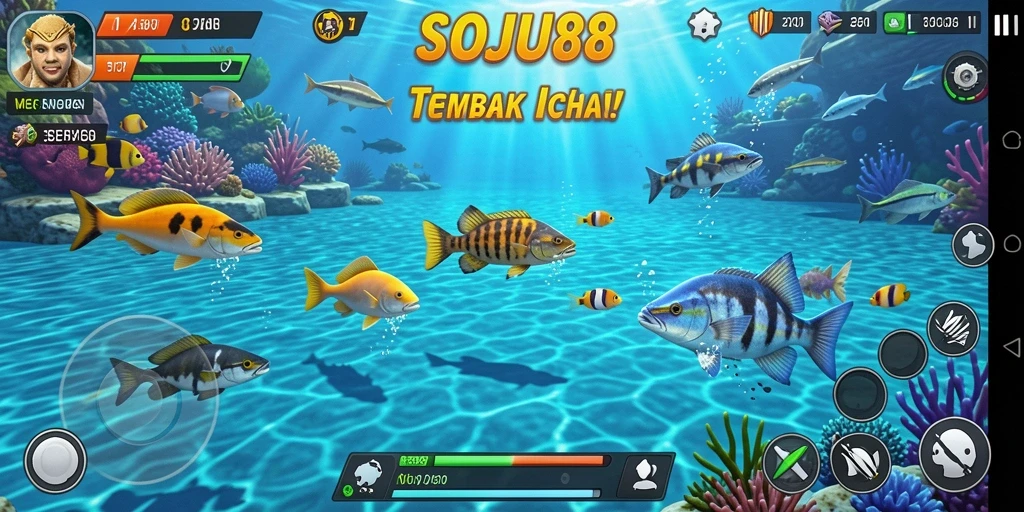 Tampilan gameplay seru dalam SOJU88 dengan berbagai ikan warna-warni.