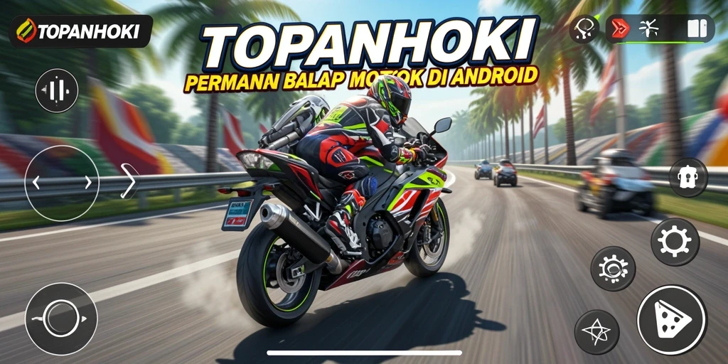 Screenshot gameplay TOPANHOKI menampilkan kecepatan dan ketegangan balapan motor.
